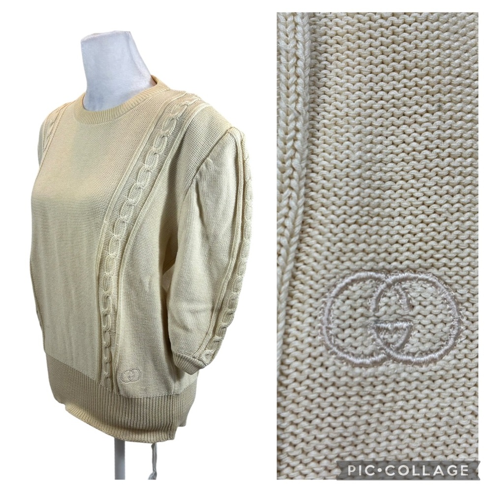 Ladies Vintage Gucci Late 1970’s Ivory Knit Sweater with GG Logo Size Medium